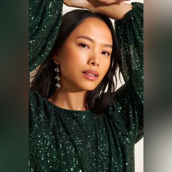 Flat White Sequin Crew Neck Top Green Size Large Party Cocktail Anthropologie - Picture 4 of 13